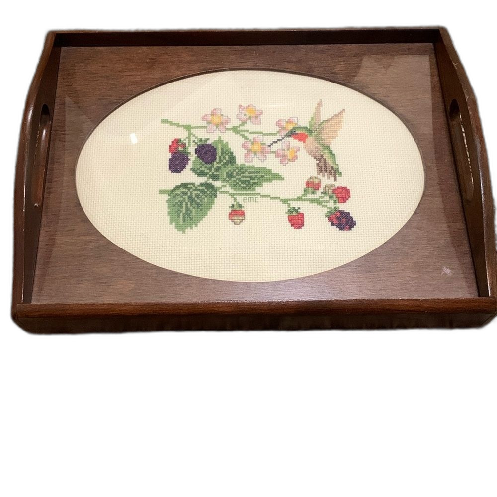 Vintage cross stitch needlepoint tray with glass on top and wooden handles
